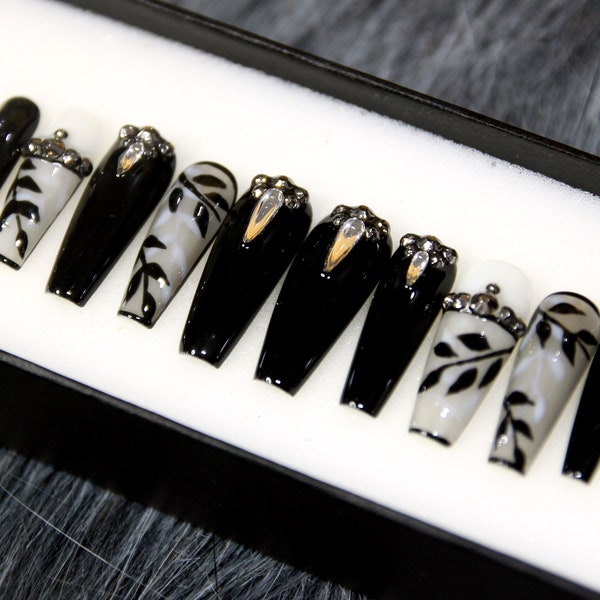 Black Leaves Coffin Press On Nails | Elegant Fake Nail With Crystal | Luxury False Nails N94