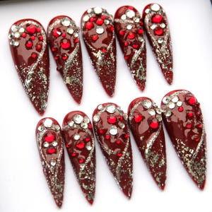 Red Burgundy Stiletto Press On Nails: Glitter Star Dust, Valentine&#39;s Day False Nails
