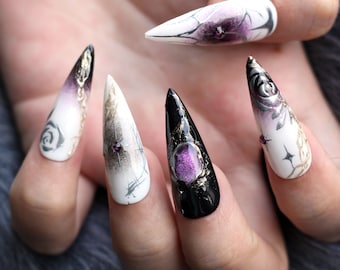 Violet Cat-Eye Stiletto Press On Nails: 3D Y2K Goth Nail Set