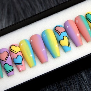 Rainbow Ombre Press On Nails Coffin | Heart Abstract Glue On Nails | Abstract Nails | Pastel Fake Nails | False Nails K37