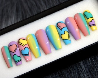 Rainbow Ombre Press On Nails Coffin | Heart Abstract Glue On Nails | Abstract Nails | Pastel Fake Nails | False Nails K37