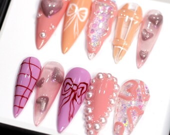 Pink Mix Press On Nails: 3D Stiletto Y2K False Nail Set
