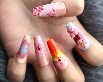 Tropical Flower Press On Nails: 3D Y2K Gel Nail Set