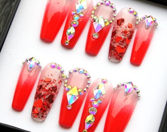 Red Ombre Press On Nails: Valentine's Rhinestone Glam Nail Set