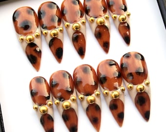 Leopard Print Stiletto Press On Nails - Y2K Brown Fake Nails K526