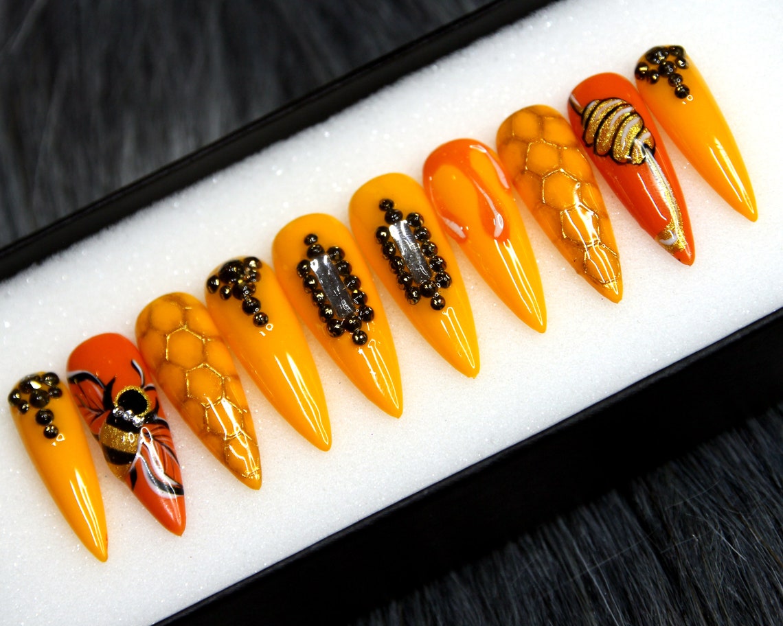 Bee Hive Press on Nails Yellow Honey Glue on Nails With - Etsy