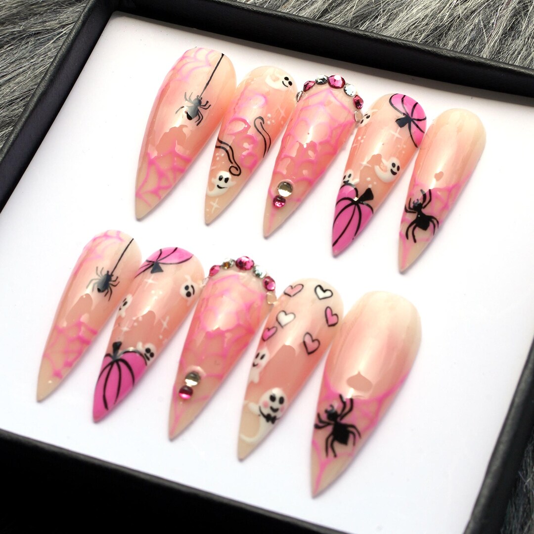 Halloween Tiny Ghost Press on - Pink Handmade False Nails K500 - Etsy