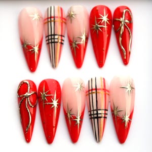 Red Stiletto Press On Nails: French Tip, Star & Plaid Design