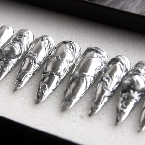 Silver Star Press On Nails | Glue On Nails | Crystal Long Stiletto Nails | Festive Nails | Fun Nails | Luxury Nails | Pink Nails K161