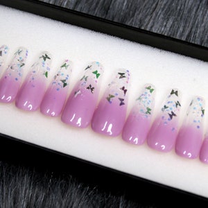 Purple Butterfly Ombre Press On Nails | Glue On Nails | Crystal Nails | Minimal Nails | Trendy Nails | Luxury Nails A76