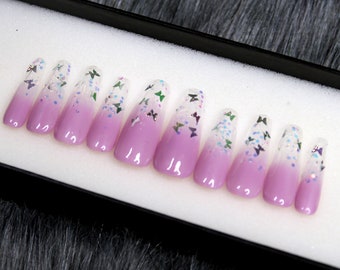 Purple Butterfly Ombre Press On Nails | Glue On Nails | Crystal Nails | Minimal Nails | Trendy Nails | Luxury Nails A76