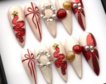 Velvet Christmas Press On Nails - 3D Classy Festive Xmas Fake Nail K513