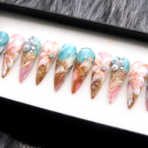 Fairy Marble Flowers Nail Set | Y2K Hand Draw Press On Nails Stiletto | Elegant Spring Nails | Trendy Nails K233