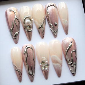 Rose Gold Pearl Press On Nails – Shimmery Gradient Aurora with Rhinestones, Metallic Accents K481