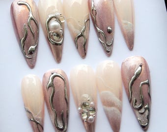 Rose Gold Pearl Press On Nails – Shimmery Gradient Aurora with Rhinestones, Metallic Accents K481