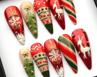 Golden Reindeer Christmas Snow Stiletto Press On Nails - Festive Fake Nail Set K514
