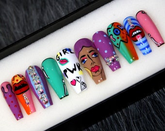 Girl Power Press On Nails | Fun Fake Nails | Special Gift False Nails | Pop Up Art Luxury Nail N145