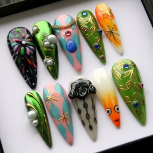 The Mood Board Press On Nails | Y2K Emerald Long Fake Nails | Handpainting Trendy Glue On Nails Set | 3D Stiletto Nails K348