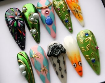 Y2K Emerald Stiletto Press On Nails: Hand-Painted 3D Nail Set