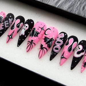 Midnight Magic Fake Nails Black Pink Halloween Special Press on Nails ...