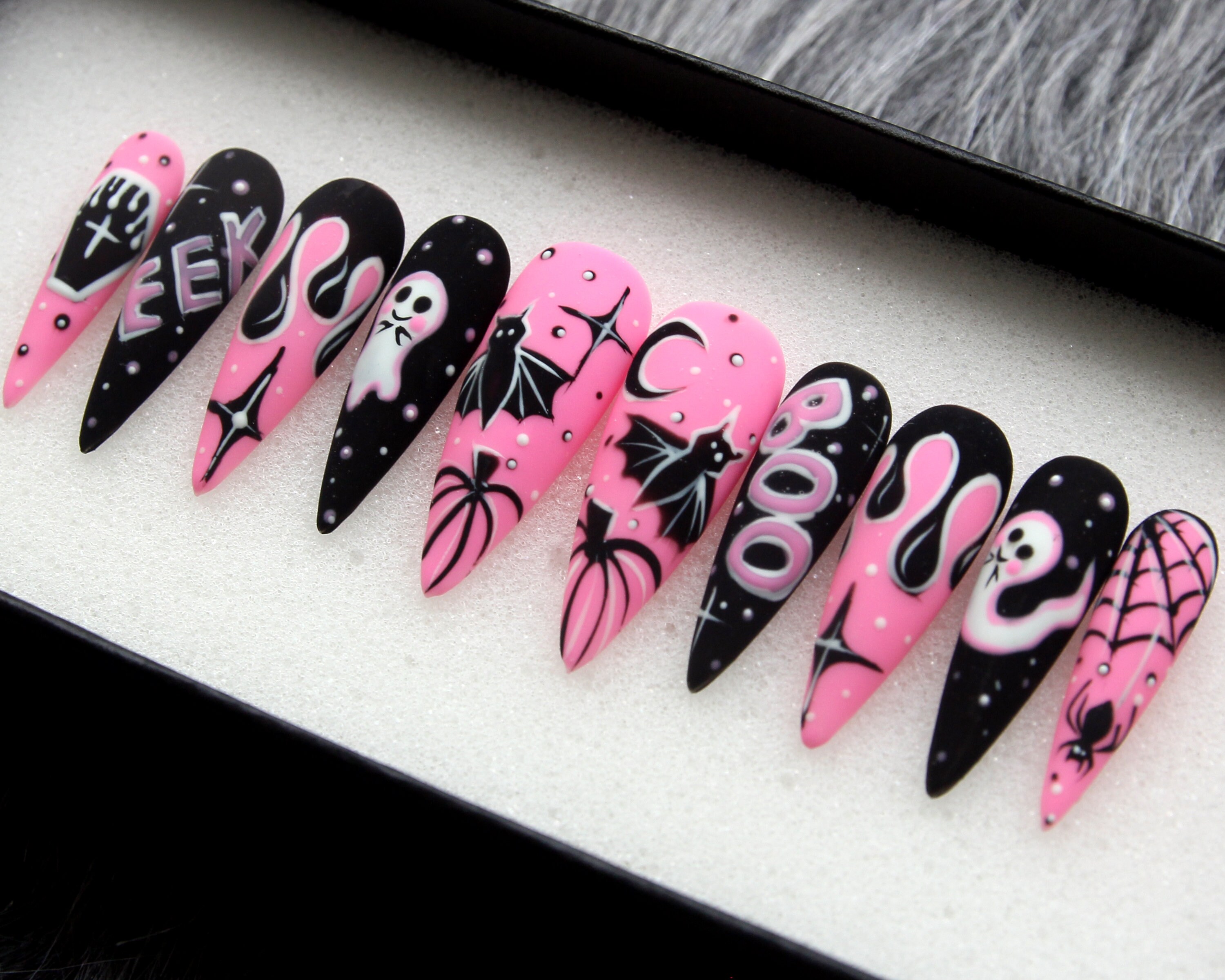 Midnight Magic Fake Nails | Black Pink Halloween Special Press On Nails Stiletto | Hand-made Glue On Nails | Luxury Fake Nails HA4