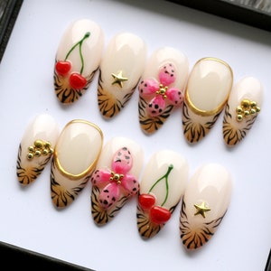 3D Cherry Press On Nails: Ombré Leopard Flower, Short Nail Set