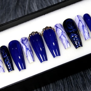 Marble Sapphire Press On Nails: Long Coffin, Hand Painted Gel X Nails