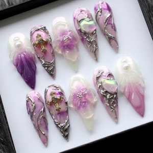 Gothic Floral Press On Nails: 3D Edgy Romance, Handmade Gel Nail Set