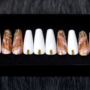 Brown Marble Press On Nails | White Coffin Nails | Luxury Glue On Nails | Fake Nails K66