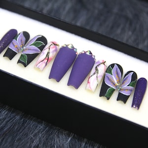 Pretty Lilac Press On Nail | Purple Long Coffin Fake Nail | Luxury False Nails | Weeding Coffin Nail K116