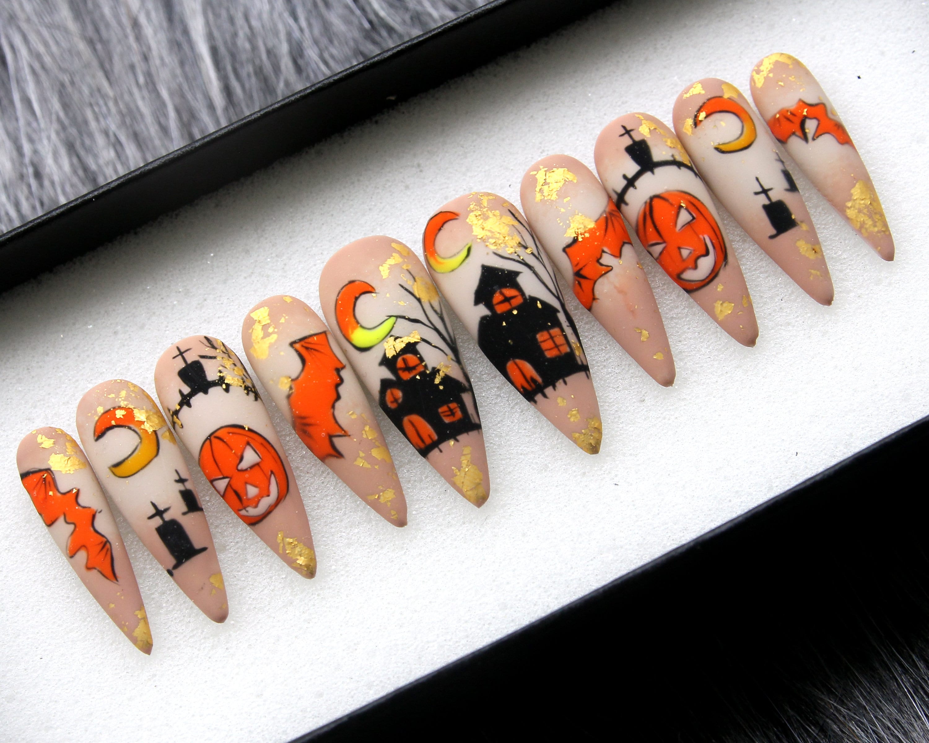 Spooky House Press On Nails | Halloween Special Press On Nails Stiletto | Hand-made Glue On Nails | Luxury Fake Nails | False Nails HA2