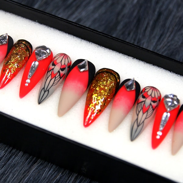 Red Ombre Stiletto Press On Nails - Summer Power, Handmade Fake Nails A204