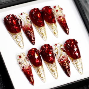 Ruby Red Press On Nails | Christmas Glue On Nails | Trendy Fake Nails | Glitter Ombre Festive False Nails K369
