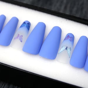 Blue Butterfly Short Nails - Fake Nails Coffin - Press On Nails - Glue On Fake Nails Luxury Handmade Nail A86