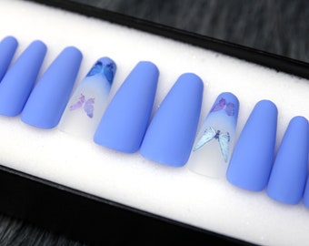 Blue Butterfly Short Nails - Fake Nails Coffin - Press On Nails - Glue On Fake Nails Luxury Handmade Nail A86