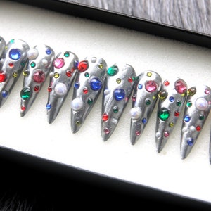Space Gems Press On Nails | Metallic Fake Nails | Custom Handmade Press on Nails | Goth Gothic Nails | Long Nails | Stiletto Nails K224