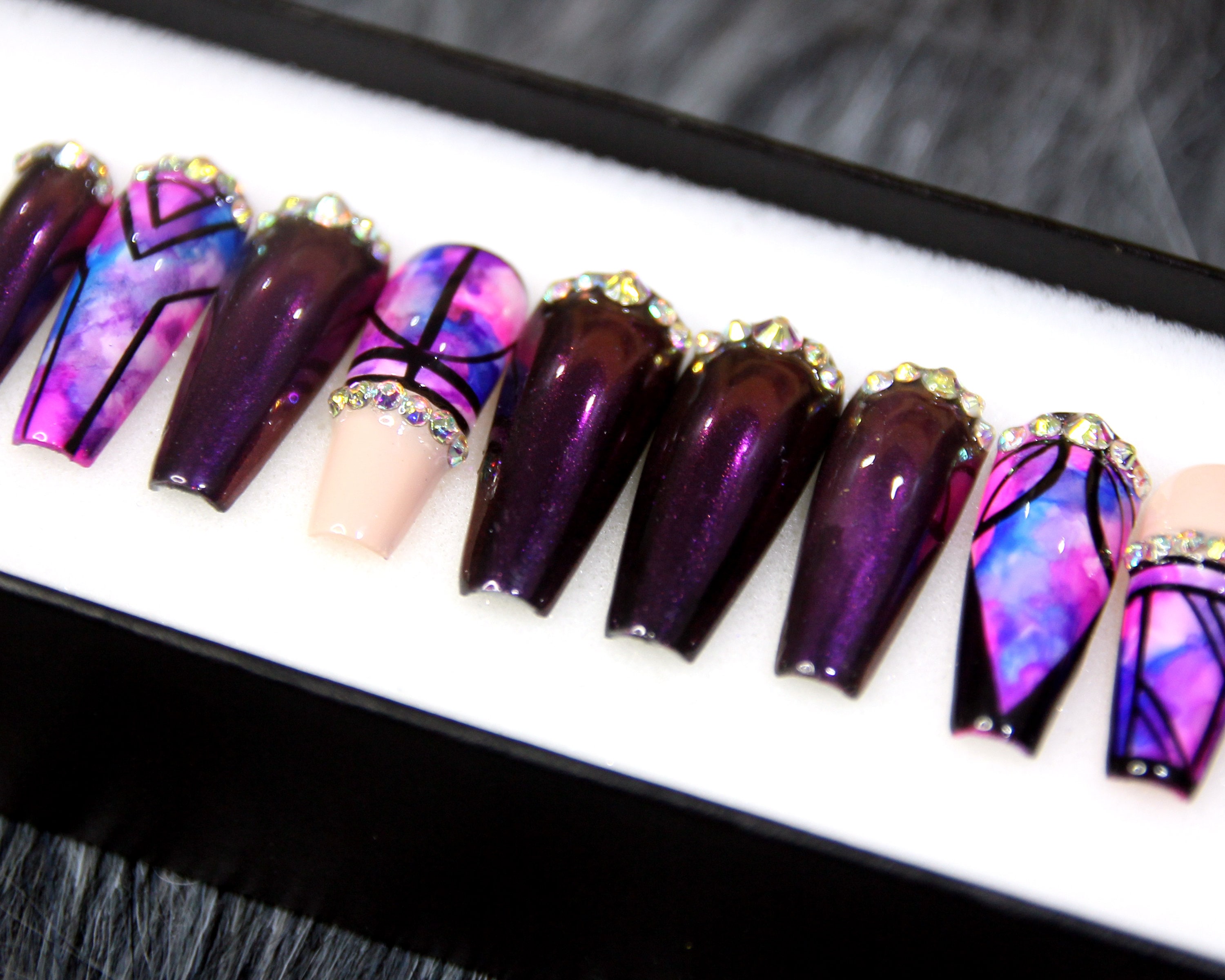 Deep Purple Press on Nails Crystal Nail Set Frech Tips - Etsy