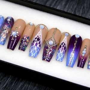 Purple Mermaid Press on Nails with Crystal Glue On Nails Coffin Luxury Luxury False Nails Fake Nails Crystal Set Gel X Nails N90 image 3