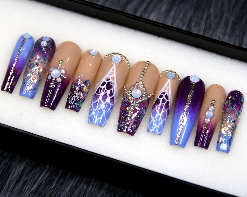 Purple Mermaid Press on Nails with Crystal Glue On Nails Coffin Luxury Luxury False Nails Fake Nails Crystal Set Gel X Nails N90 image 3