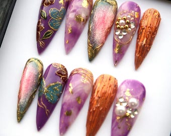 Purple Marble Stiletto Press On Nails: 3D Floral Cat-Eye Nail Set