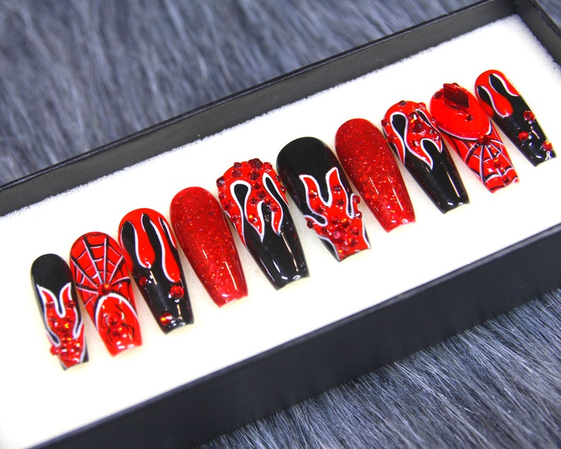 Red Flames Fake Nails Glossy Red Black Press on Nails Coffin - Etsy