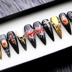 Catholic set - Handpainted Chrome Metallic Gothic Press On Nails | Custom 3D Long Stiletto Fake Nails | Goth Gothic Style False Nails K213