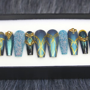 Accent Egyptian Goddess Coffin Nails | Luxury Glue On Nails | Minimalism Press On Nails | Teal Gold Nail | Gold False Nails VT38