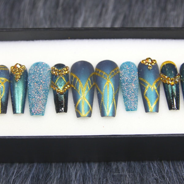 Egyptian Goddess Press On Nails: Teal Gold Coffin False Nails