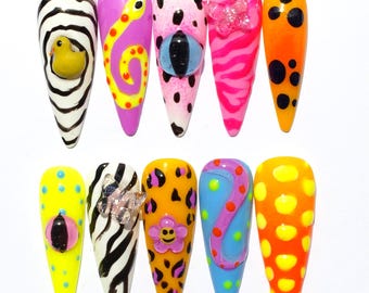 Illusion Duck Press On Nails - Neon Color Glam Stiletto Fake Nails, Y2K Style K495