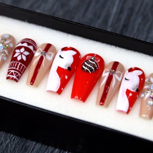 Red Nose Reindeer Press On Nails Christmas Gift Glue On Nails Knit Sweater False Nails Fake Nails K92 image 3