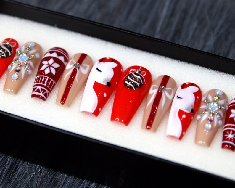 Red Nose Reindeer Press On Nails Christmas Gift Glue On Nails Knit Sweater False Nails Fake Nails K92 image 3