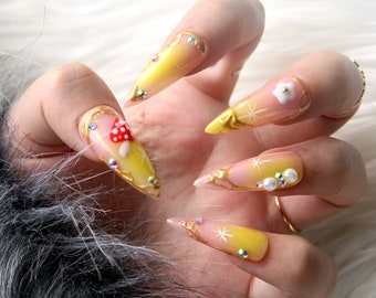 Fairy Dust Press On Nails | Stiletto Nails | Long Nails 3D | Gel X Fake Nails | Hand Made Nails | Valentine Nails K184