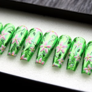 Green Metalic and Pastel Flowers Press On Nails | Neon Green 3D Nails | Y2K Long Coffin Nails | Festive Nails | Elegant Green Nails K276