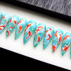 Koi Fish Press On Nails: Hand Drawn Stiletto False Nail Set
